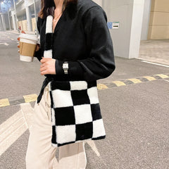 Winter Plush Checkered Shoulder Bag Women Shopping Bag