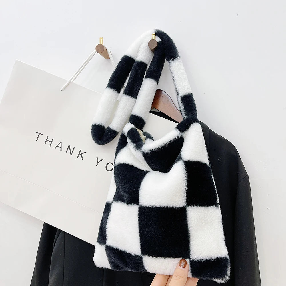 Winter Plush Checkered Shoulder Bag Women Shopping Bag