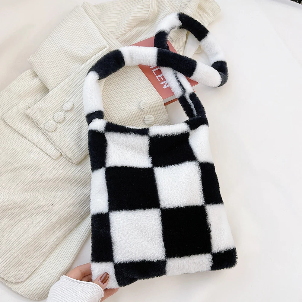 Winter Plush Checkered Shoulder Bag Women Shopping Bag