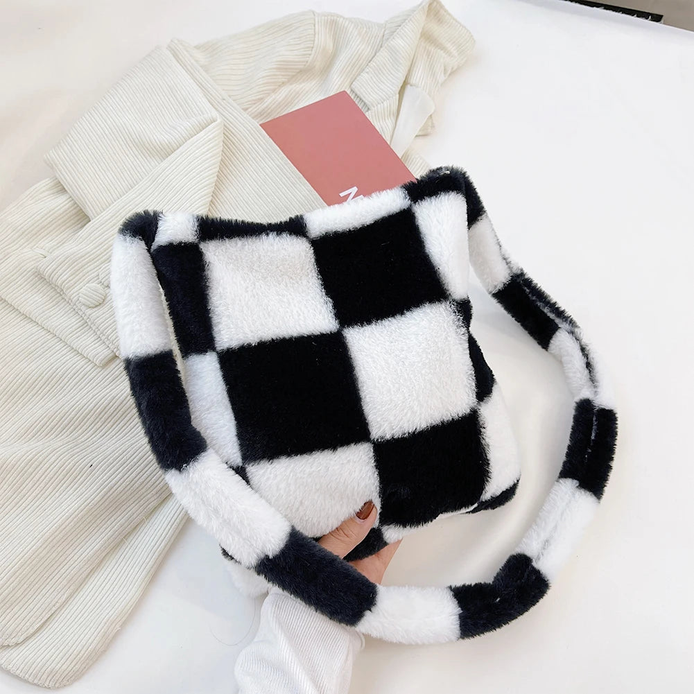Winter Plush Checkered Print Shoulder Bag Women Contrast Shopping Bags