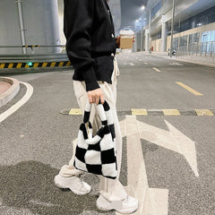 Winter Plush Checkered Print Shoulder Bag Women Contrast Shopping Bags