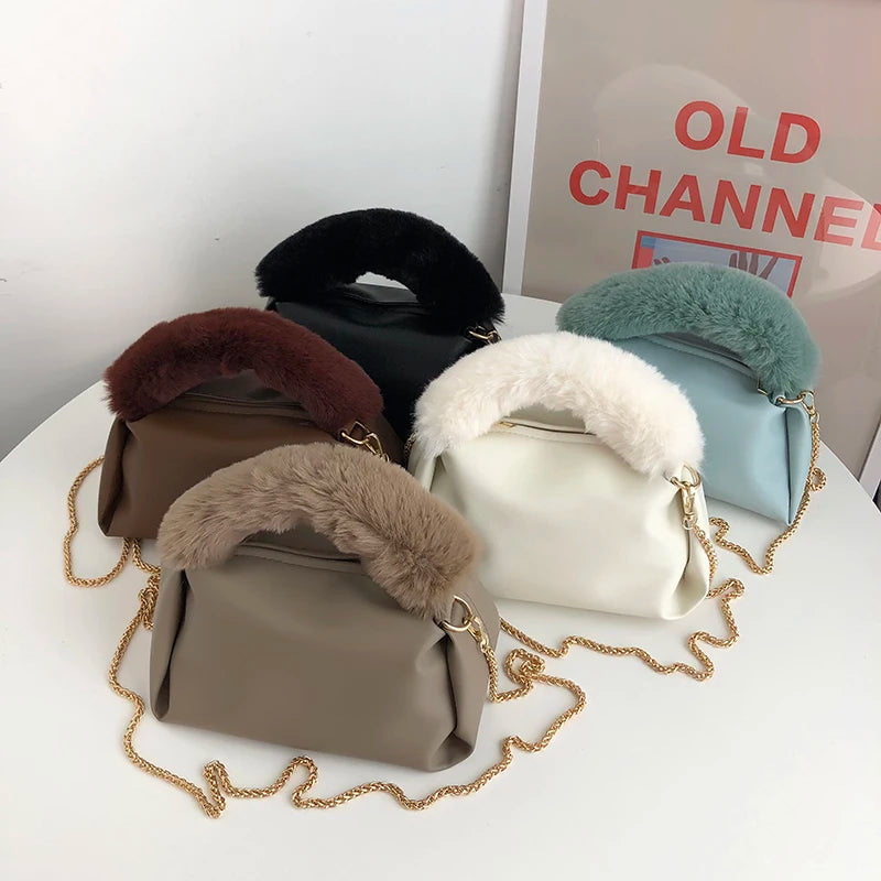 Winter Plush Hand Bag Metal Chain Shoulder Bags for Women