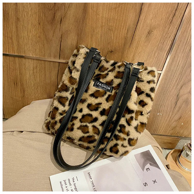 Winter Plush Mini Bag Leopard Print Shoulder Bucket Bags for Women