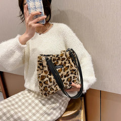 Winter Plush Mini Bag Leopard Print Shoulder Bucket Bags for Women