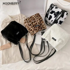 Winter Leopard Print Plush Mini Bag Women Shoulder Bucket Bags Hasp Velvet
