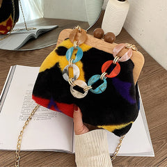 Winter Plush Shoulder Bags for Women Wooden Clip Purses