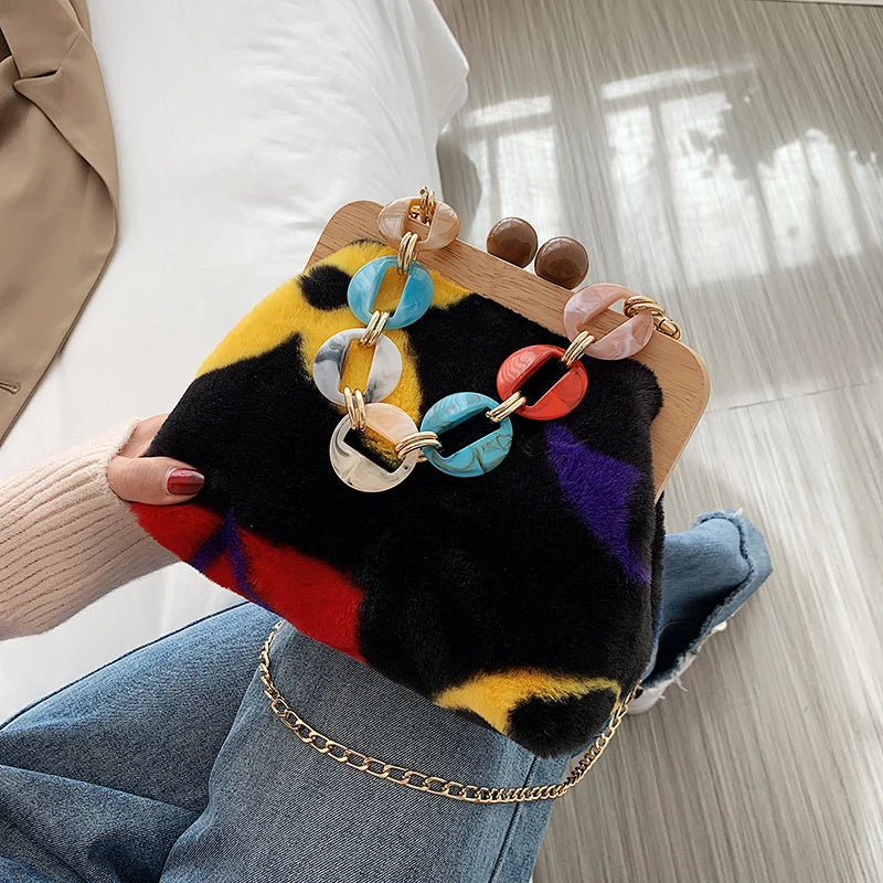Winter Plush Shoulder Bags for Women Wooden Clip Purses