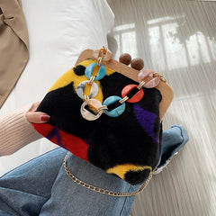 Winter Plush Shoulder Bags for Women Wooden Clip Purses