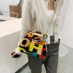 Winter Plush Shoulder Bags for Women Wooden Clip Purses