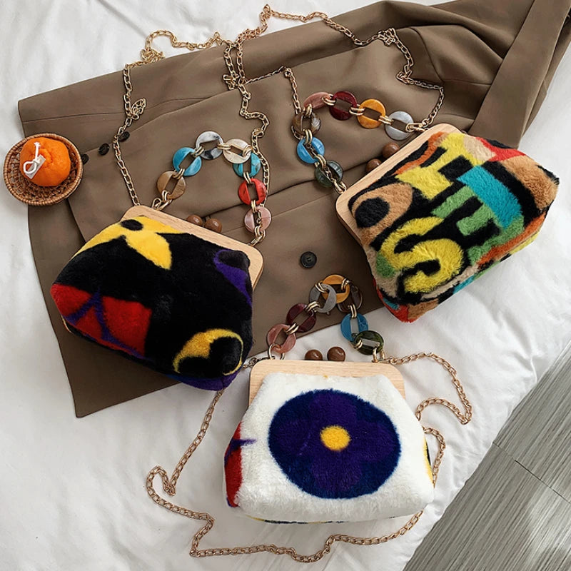 Winter Plush Shoulder Bags for Women Wooden Clip Purses