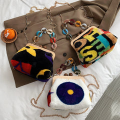 Winter Plush Shoulder Bags for Women Wooden Clip Purses