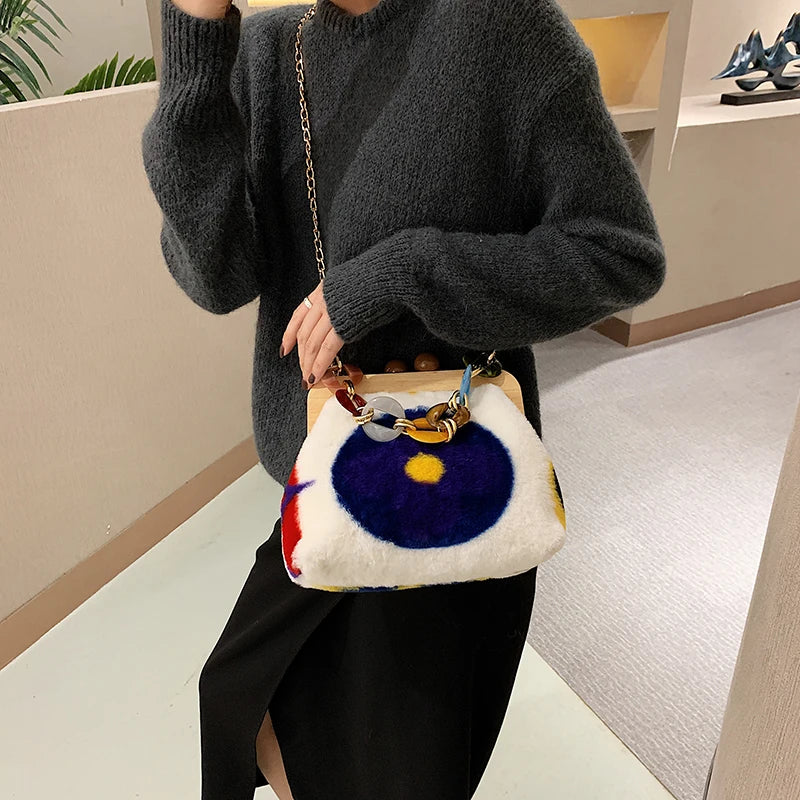 Winter Plush Shoulder Bags for Women Wooden Clip Purses