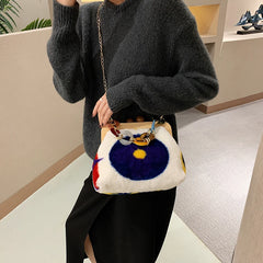 Winter Plush Shoulder Bags for Women Wooden Clip Purses