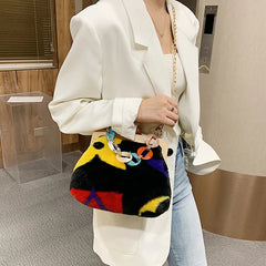 Winter Plush Shoulder Bags for Women Wooden Clip Purses