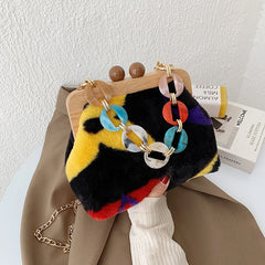 Winter Plush Shoulder Bags for Women Wooden Clip Purses
