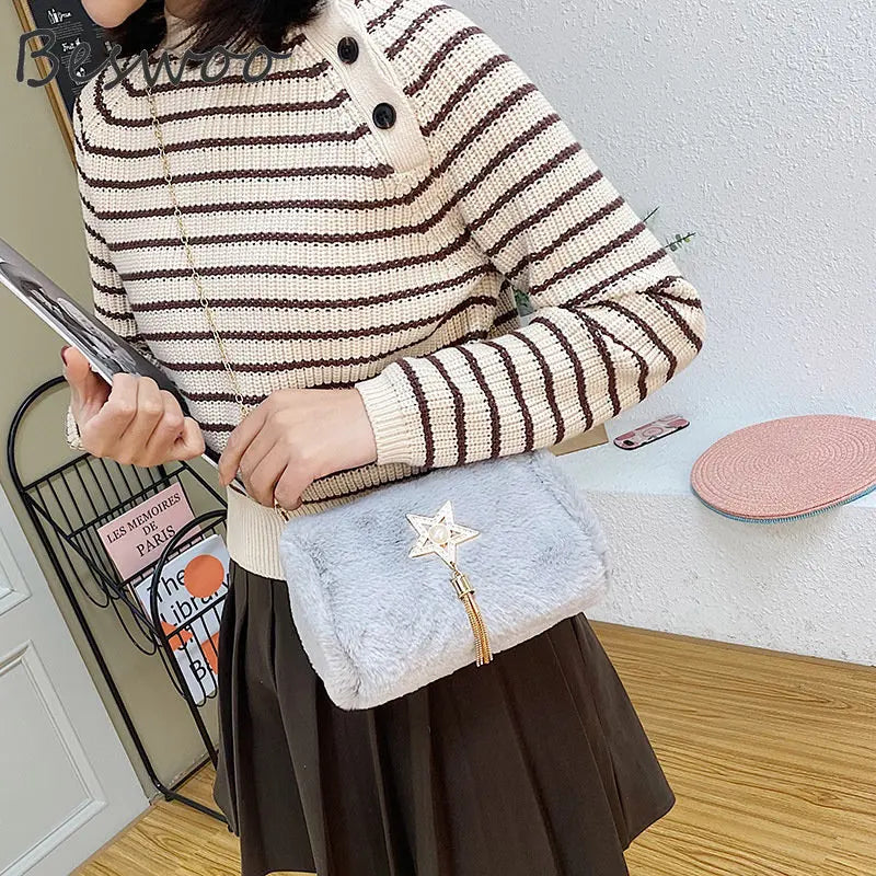 Winter Plush Women's Crossbody Bag Faux Fur Purses Casual Square Bag