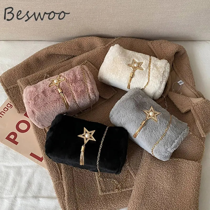Winter Plush Women's Crossbody Bag Faux Fur Purses Casual Square Bag