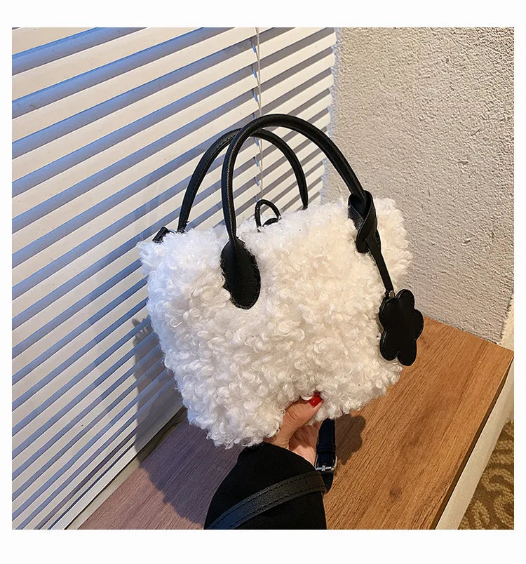 Winter Women's Lamb Wool Shoulder Bags Soft Plush Ladies Bucket Messenger Bag