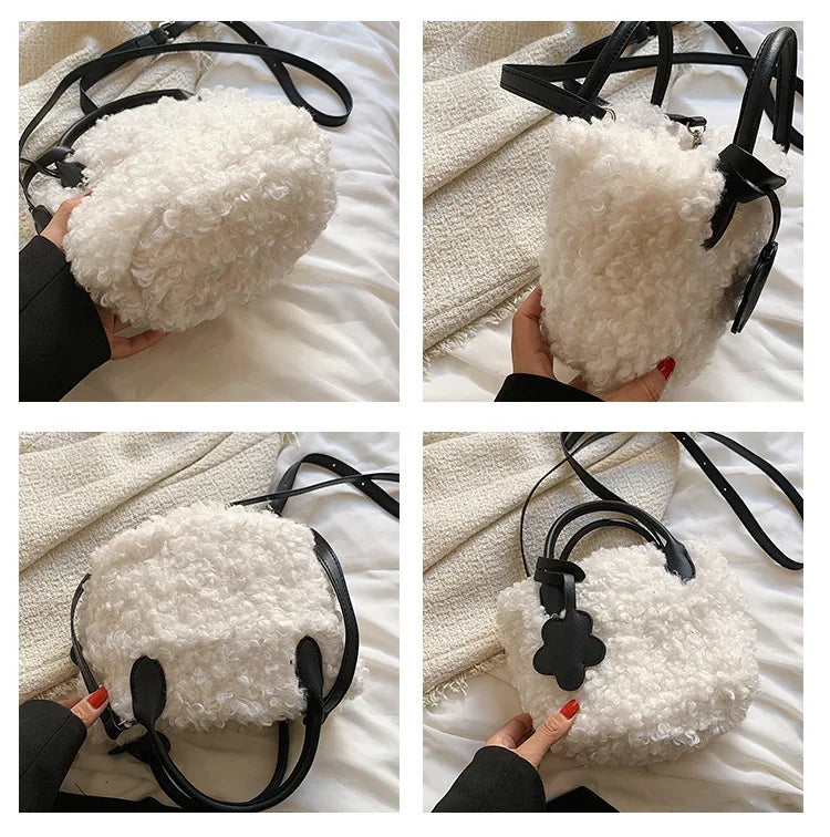 Winter Women's Lamb Wool Shoulder Bags Soft Plush Ladies Bucket Messenger Bag