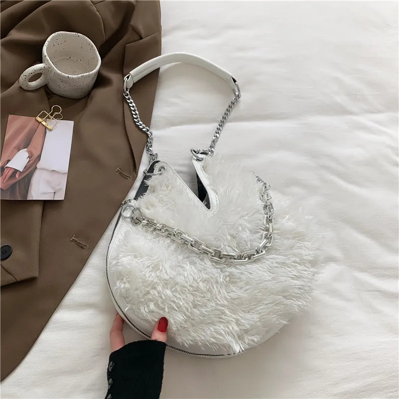 Winter Plush Shoulder Tote Bag with Chain Strap for Women