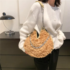 Winter Plush Shoulder Tote Bag with Chain Strap for Women