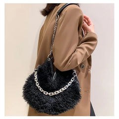 Winter Plush Shoulder Tote Bag with Chain Strap for Women