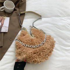 Winter Plush Shoulder Tote Bag with Chain Strap for Women