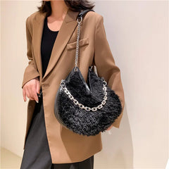 Winter Plush Shoulder Tote Bag with Chain Strap for Women