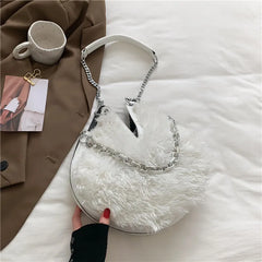 Winter Plush Shoulder Tote Bag with Chain Strap for Women