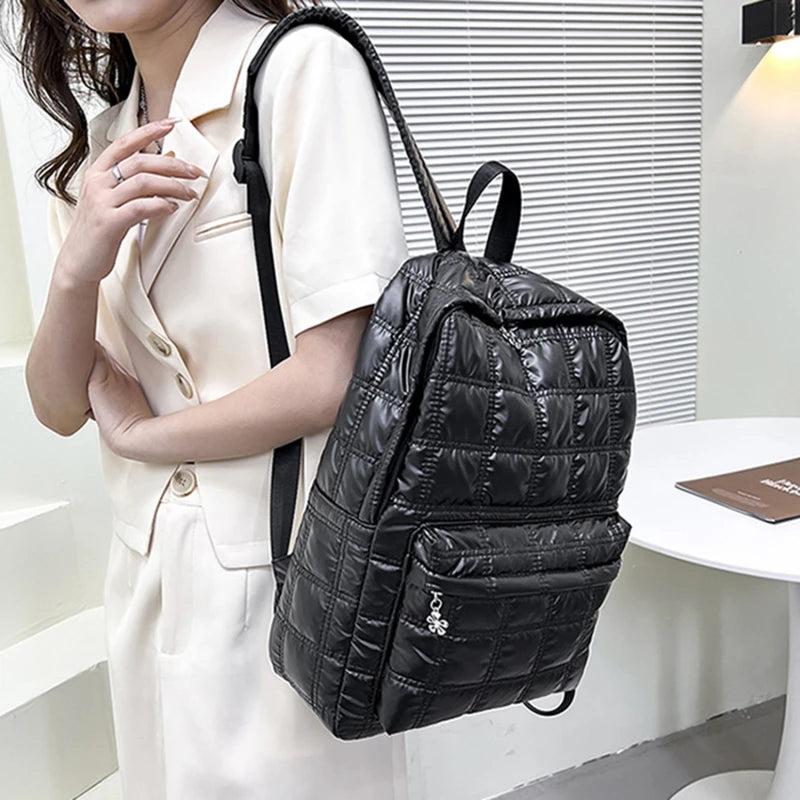 Winter Quilted Plaid Women's Backpack Light Down Female Backpack