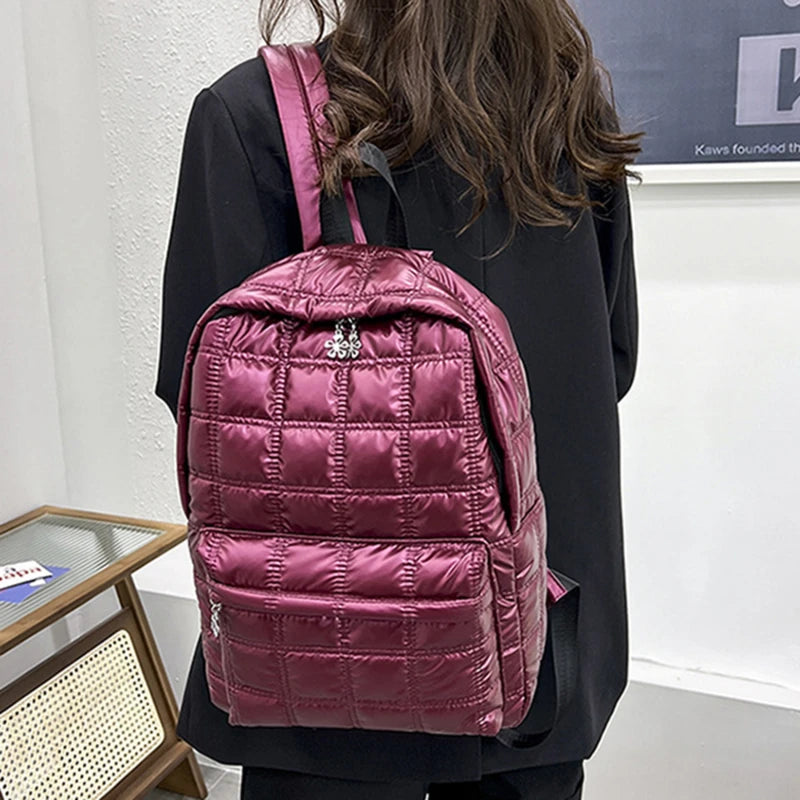 Winter Quilted Plaid Women's Backpack - Light Down Casual Female Backpacks