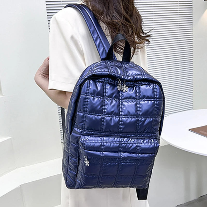 Winter Quilted Plaid Women's Backpack Light Down Female Backpack