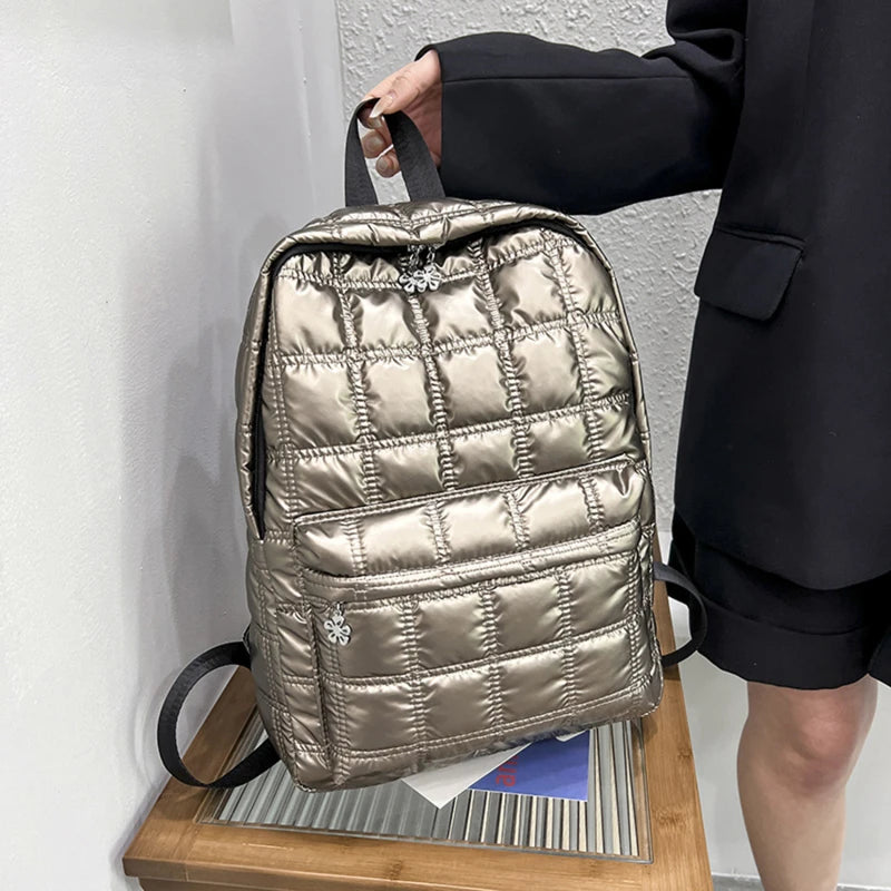 Quilted Plaid Women's Backpack Down Casual Female Backpack