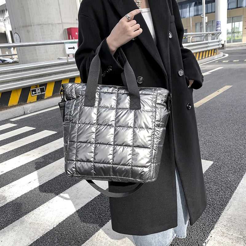 Winter Shoulder Bags For Women - Quilt Padded Nylon Handbag