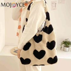 Winter Love Heart Fluffy Shoulder Handbag Large Capacity Soft Plush Shopping Bag