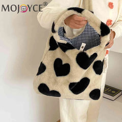 Winter Love Heart Fluffy Shoulder Handbag Large Capacity Soft Plush Shopping Bag