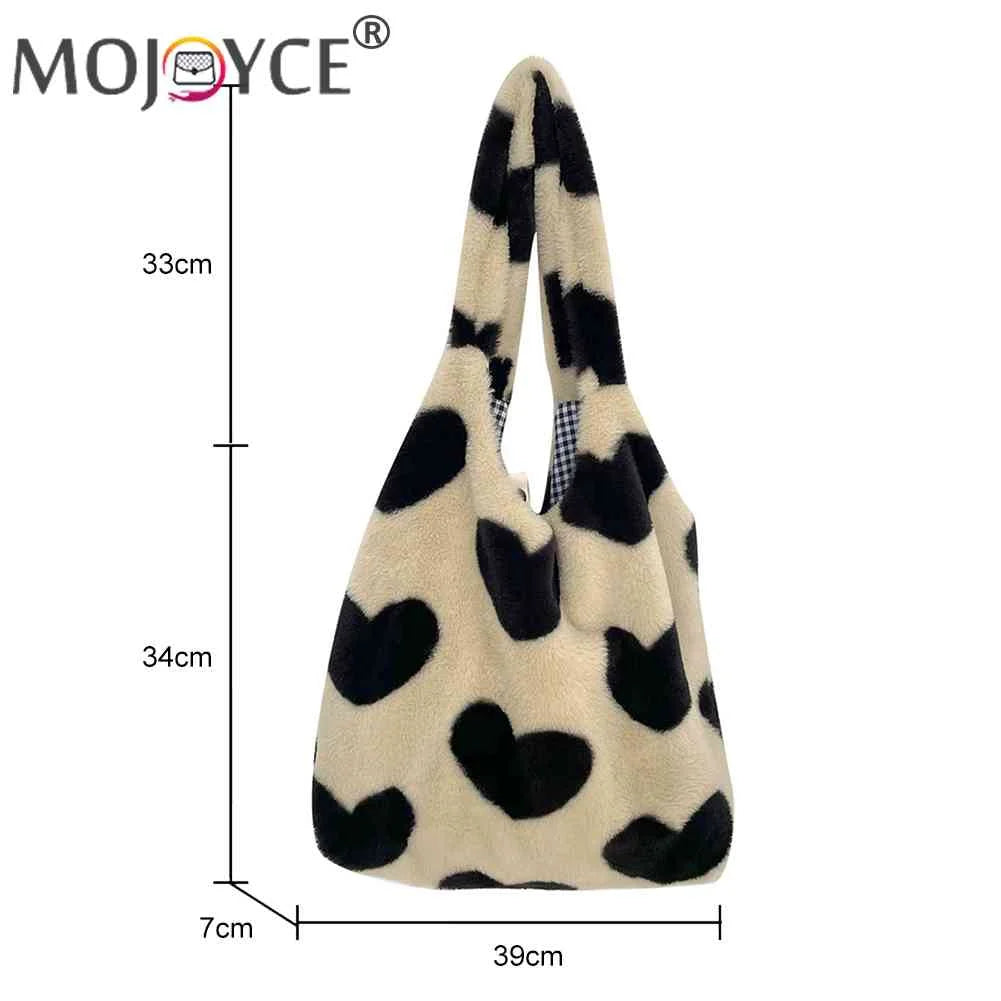 Winter Love Heart Fluffy Shoulder Handbag Large Capacity Soft Plush Shopping Bag