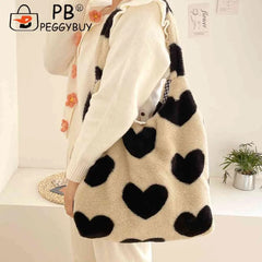 Soft Plush Winter Shoulder Handbag Love Heart Fluffy Large Capacity for Women