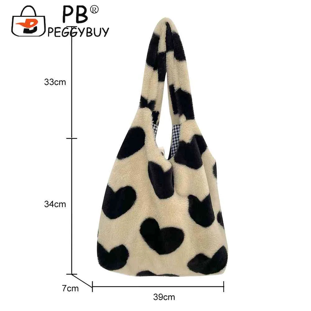 Soft Plush Winter Shoulder Handbag Love Heart Fluffy Large Capacity for Women