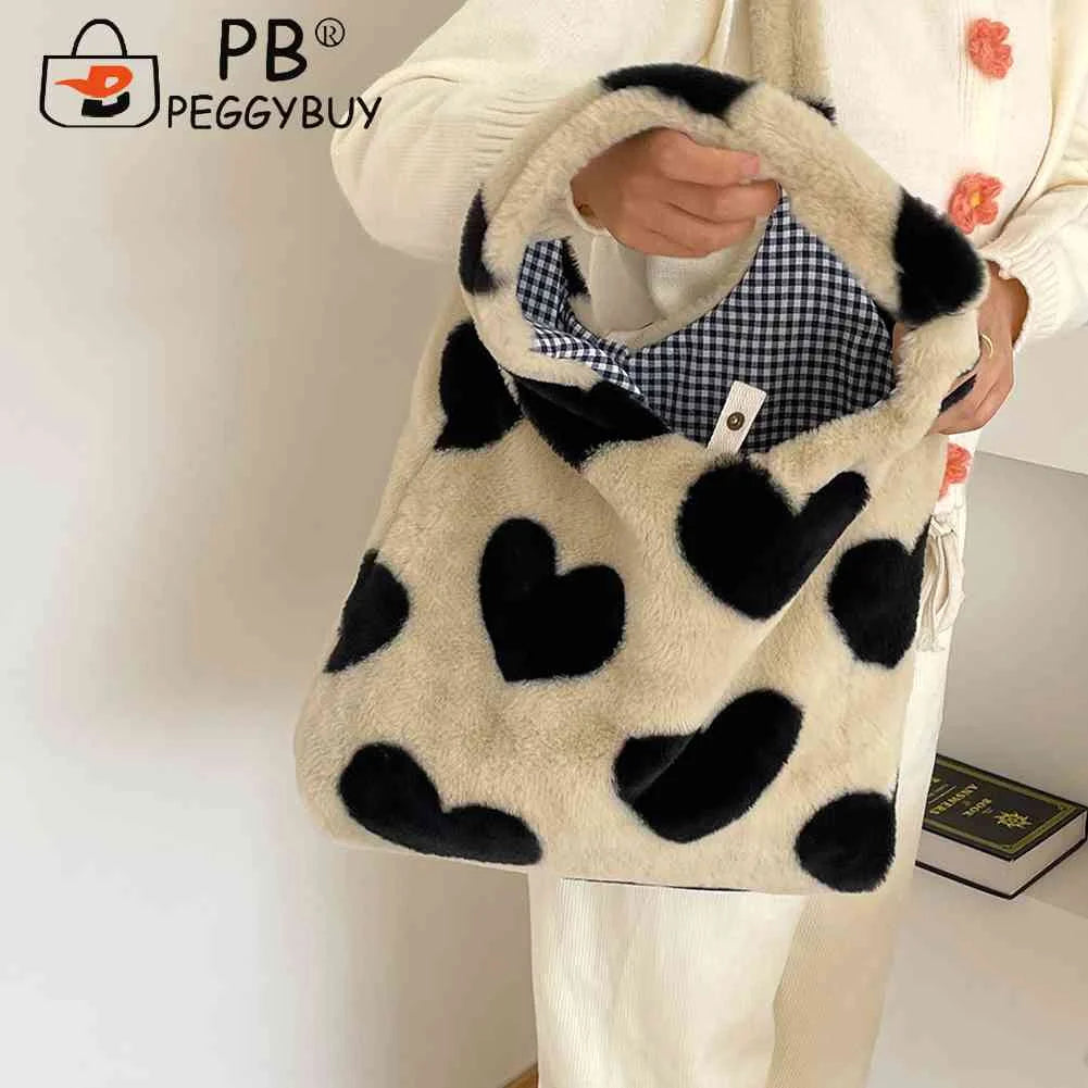 Soft Plush Winter Shoulder Handbag Love Heart Fluffy Large Capacity for Women