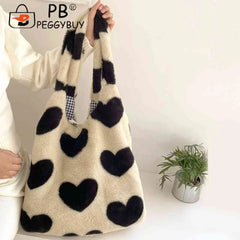 Soft Plush Winter Shoulder Handbag Love Heart Fluffy Large Capacity for Women