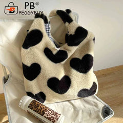 Soft Plush Winter Shoulder Handbag Love Heart Fluffy Large Capacity for Women