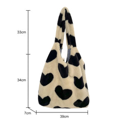 Soft Plush Winter Shoulder Handbag Love Heart Fluffy Large Capacity for Women