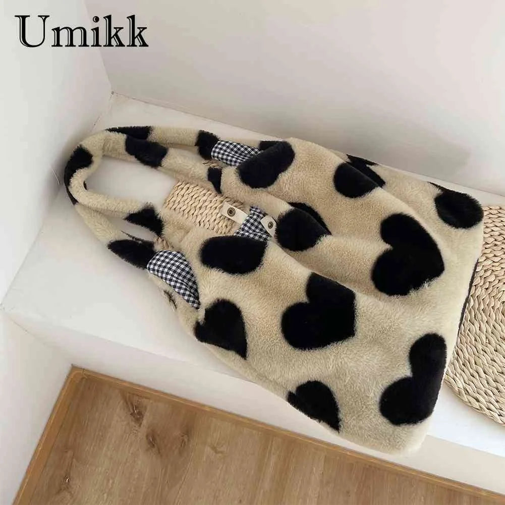 Winter Shoulder Handbags Large Capacity Soft Plush Top-handle Bags Love Heart Sw