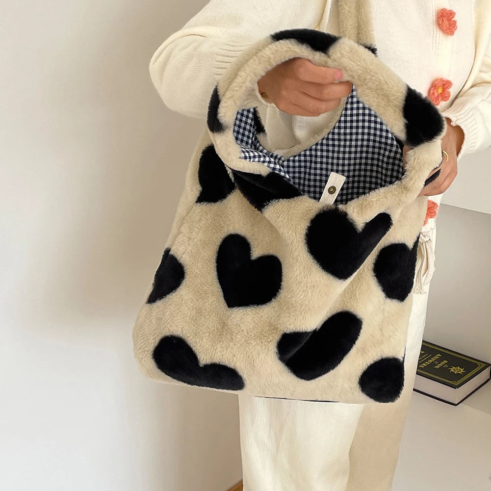 Winter Shoulder Handbags Soft Plush Top-handle Bags Love Heart Sweet