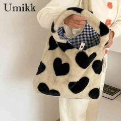 Winter Shoulder Handbags Large Capacity Soft Plush Top-handle Bags Love Heart Sw