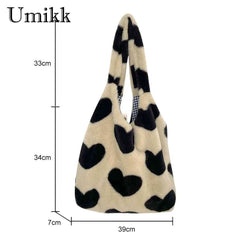 Winter Shoulder Handbags Large Capacity Soft Plush Top-handle Bags Love Heart Sw