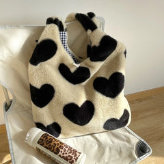 Winter Shoulder Handbags Soft Plush Top-handle Bags Love Heart Sweet