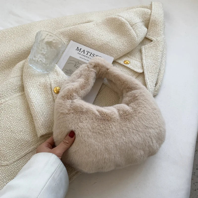 Winter Faux Fur Teddy Plush Half Moon Handbag