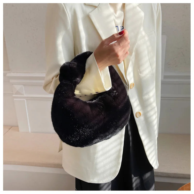 Winter Faux Fur Teddy Plush Half Moon Handbag